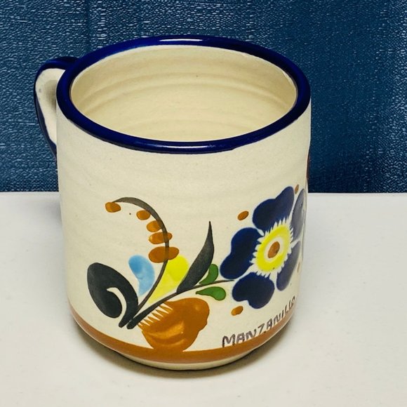 Mexican Pottery Mug with hand painted Floral Pattern Manzanillo Mexico - Picture 1 of 10